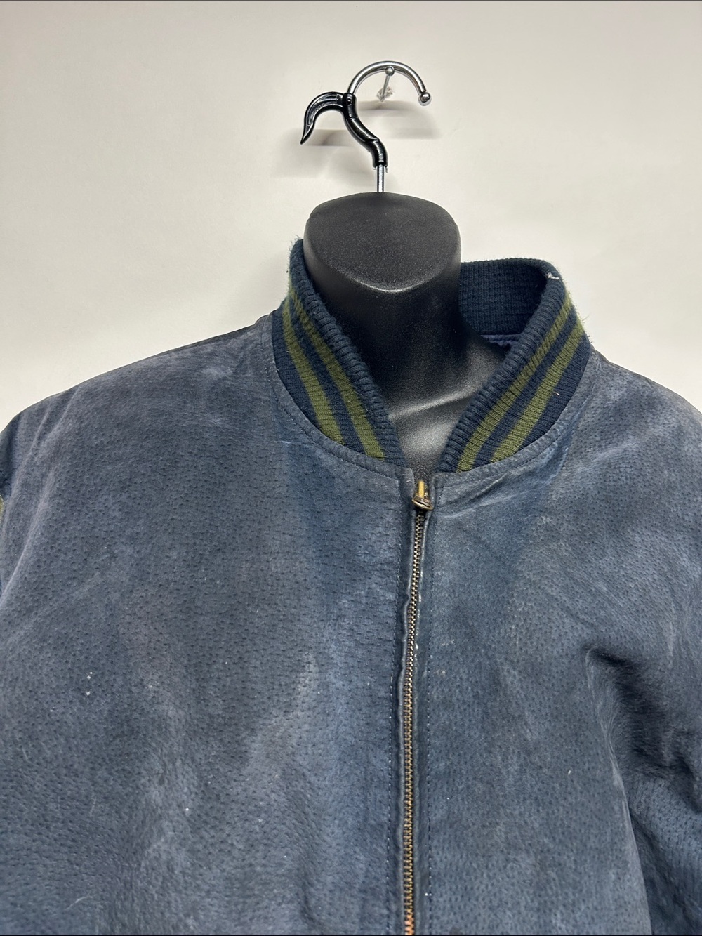 Varsity Two-Tone Suede Bomber Jacket - Navy & Olive medium vintage leather - Picture 2 of 7